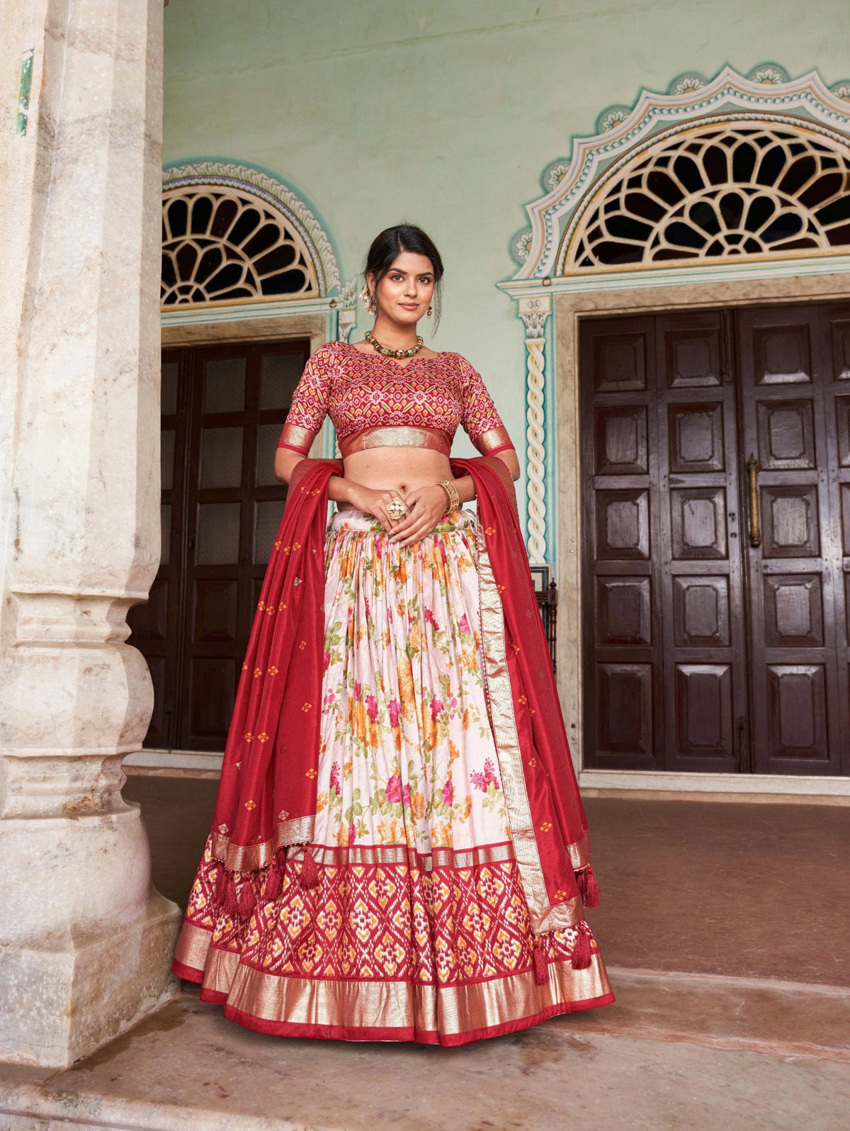 Red Floral Print Lehenga front full view – KL182 Kalyanja