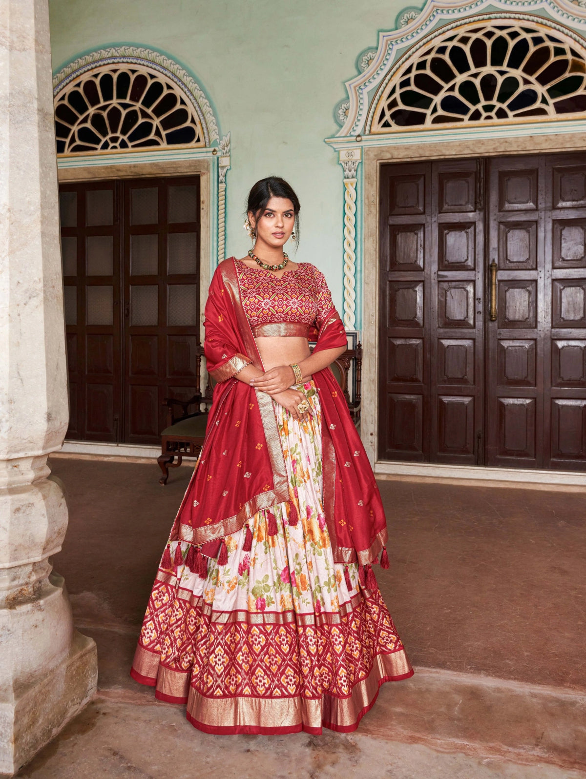Red Floral Lehenga standing portrait view – KL182 Kalyanja