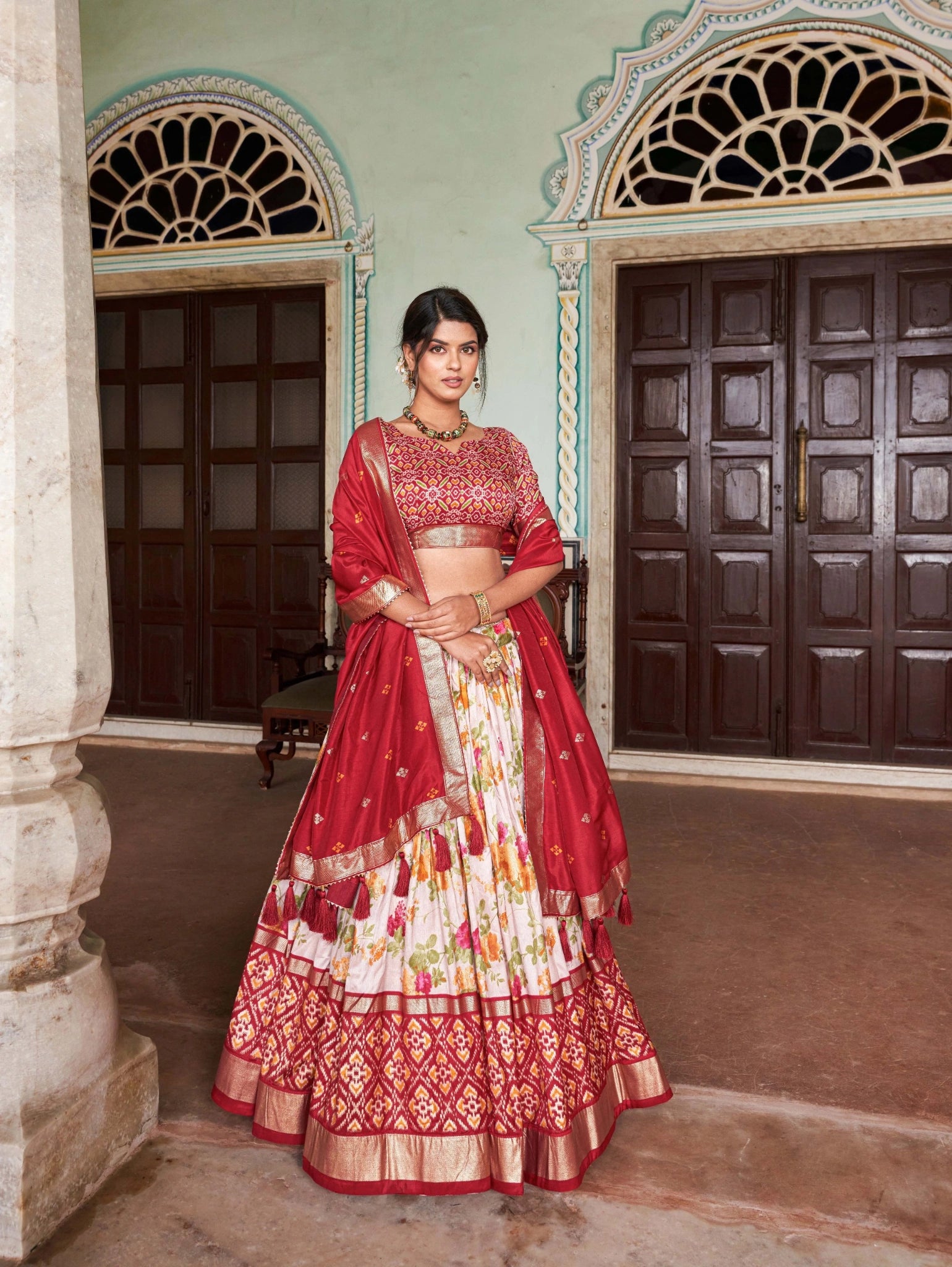 Red Floral Lehenga standing portrait view – KL182 Kalyanja