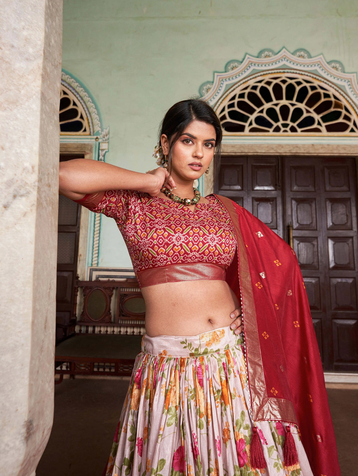 Red Tussar Silk Floral Print Lehenga side view – KL182 Kalyanja