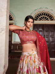 Red Tussar Silk Floral Print Lehenga side view – KL182 Kalyanja