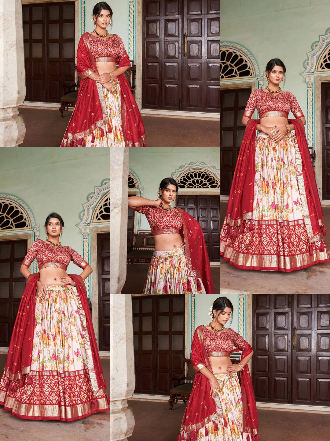 Red Floral Print Lehenga collage multiple views – KL182 Kalyanja