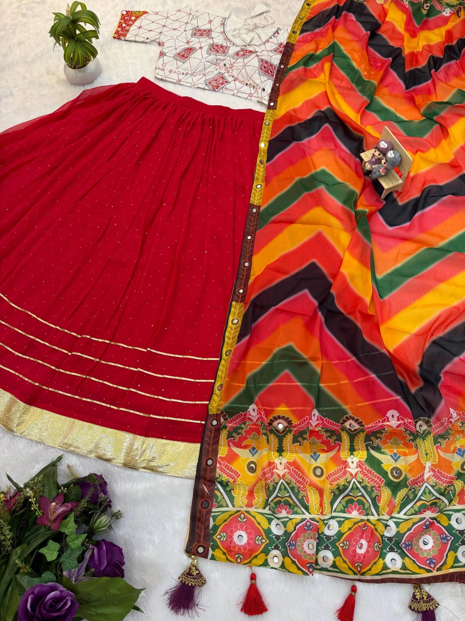 Red Lehenga Choli Dupatta full set flat lay – KL205