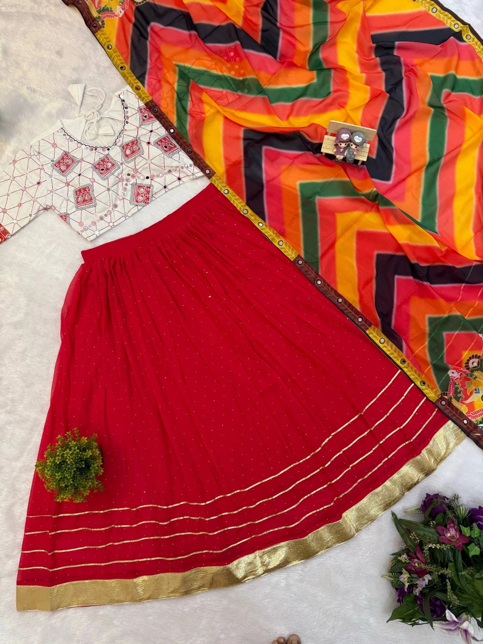 Red Faux Georgette Lehenga skirt and dupatta flat lay – KL205