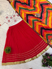 Red Faux Georgette Lehenga skirt and dupatta flat lay – KL205