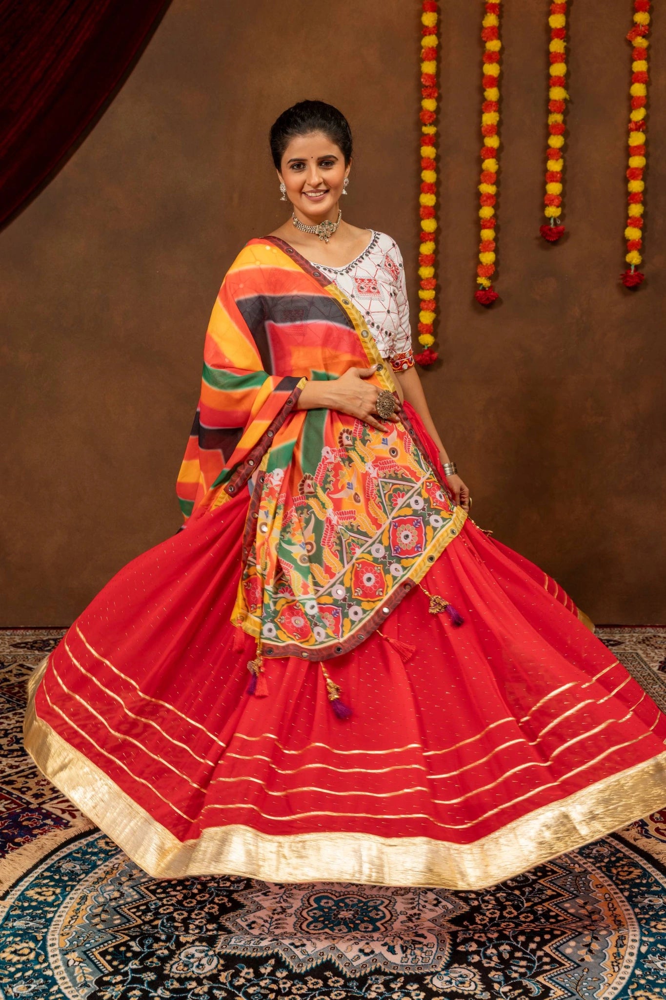 Red Gota Mirror Work Lehenga front view smiling with dupatta – KL205