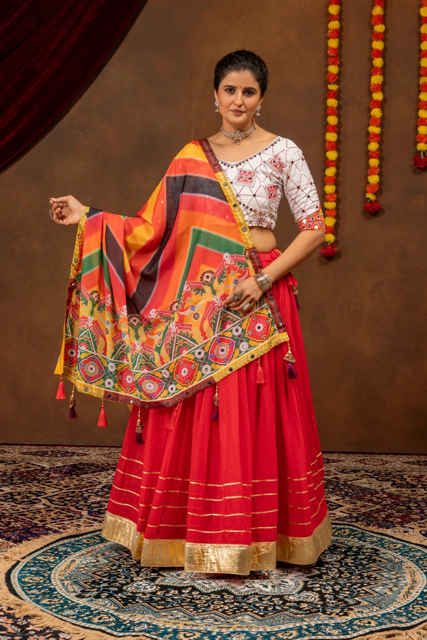 Red Lehenga with colorful printed dupatta spread – KL205