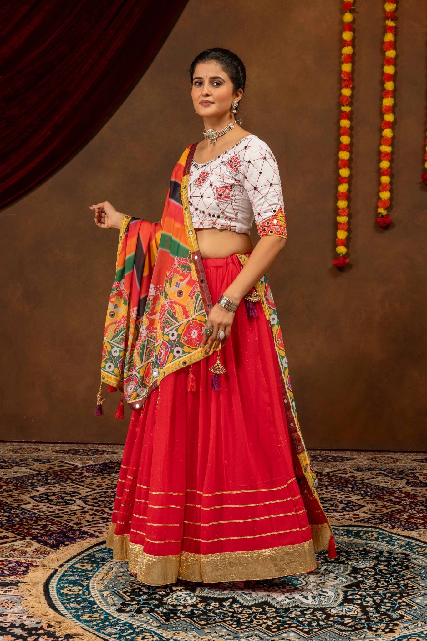 Red Gota Mirror Work Lehenga side front view with dupatta – KL205