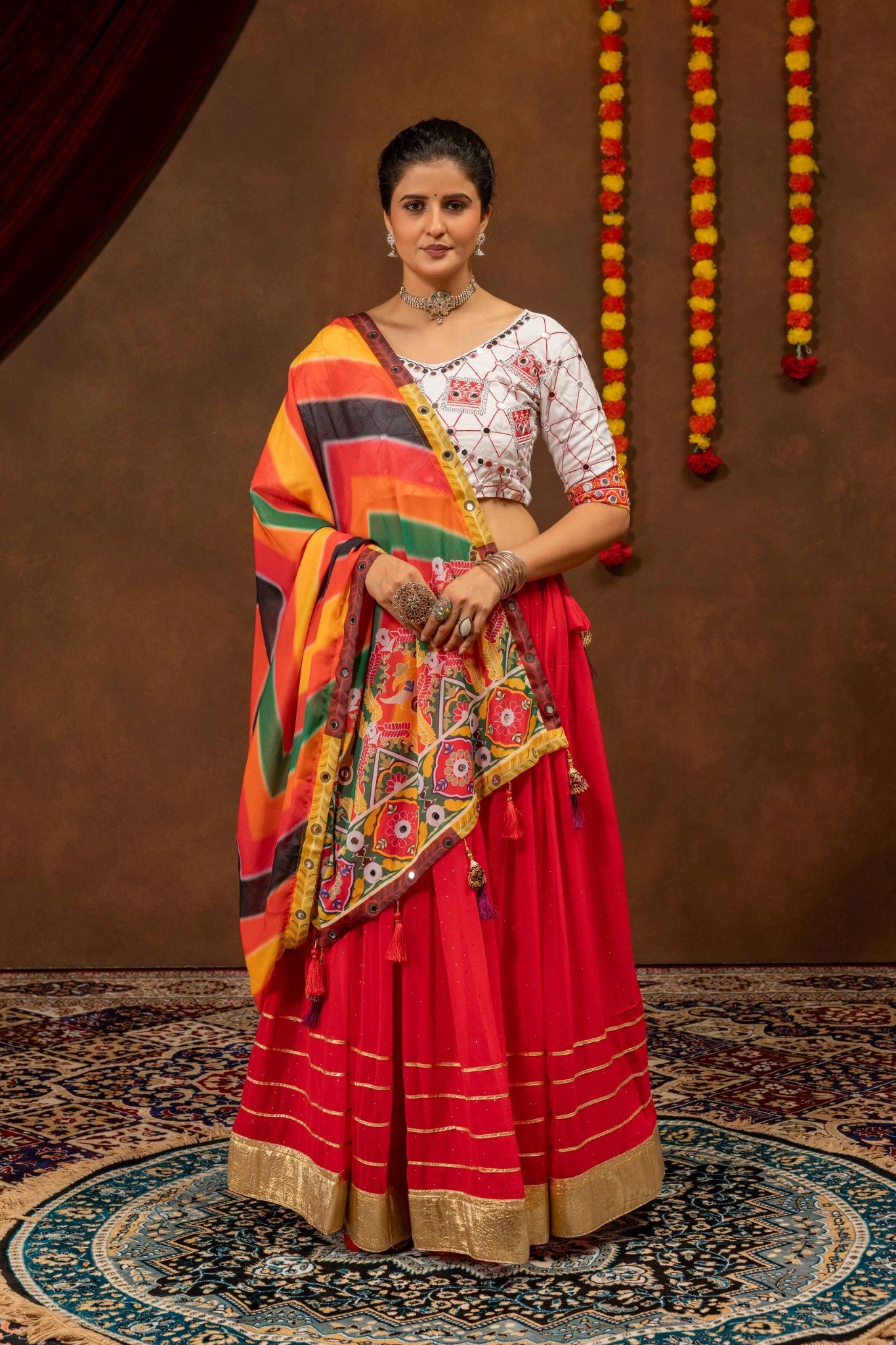 Red Faux Georgette Lehenga full length standing – KL205