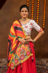Red Mirror Work Lehenga close-up front with dupatta – KL205