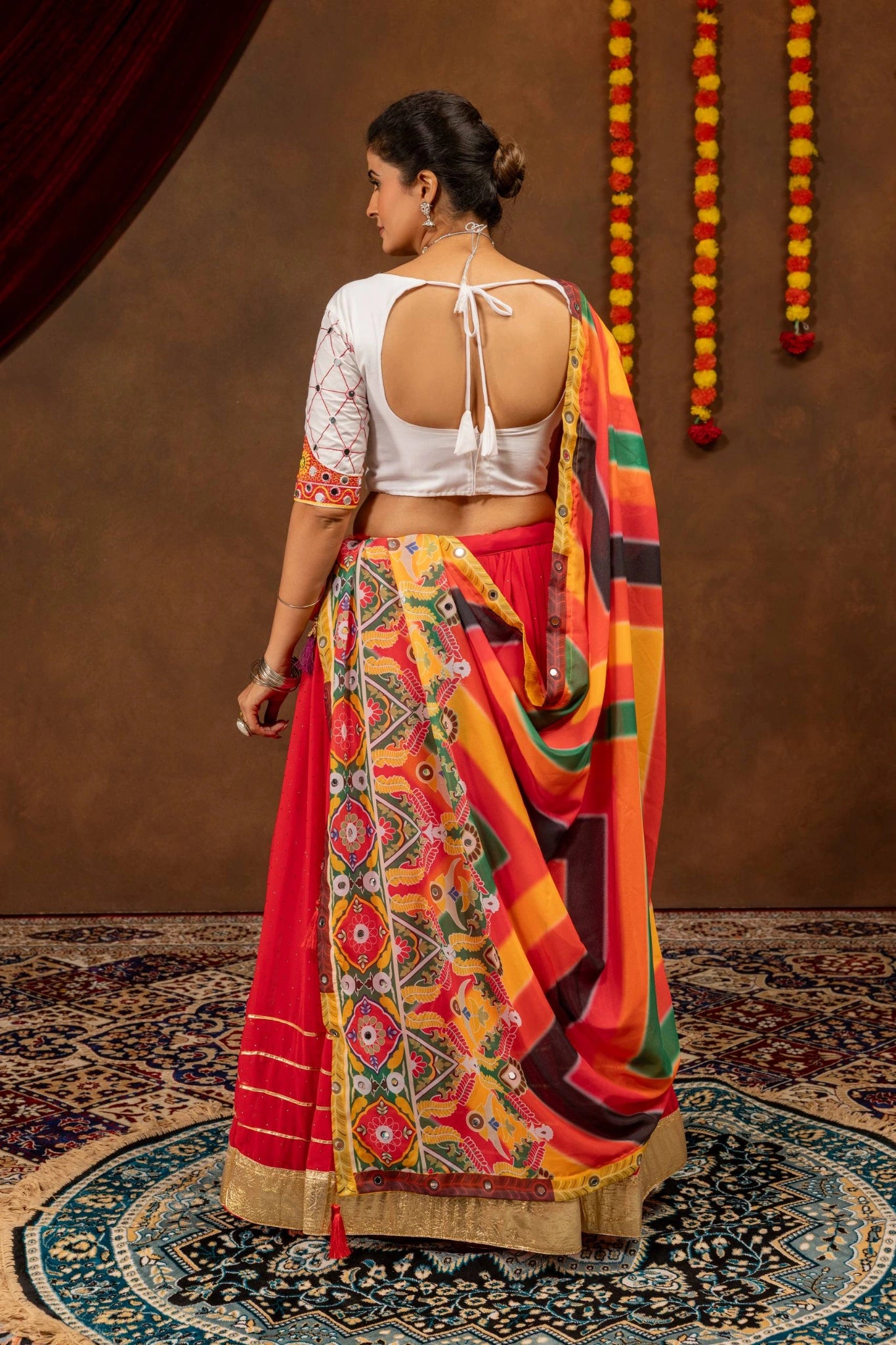 Red Gota Mirror Work Lehenga back view with U-back choli – KL205