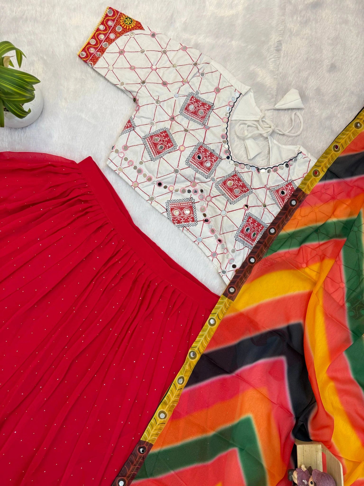 Red Lehenga flat lay with choli and printed dupatta – KL205