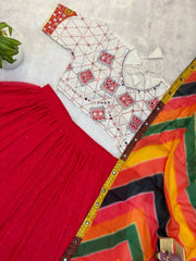 Red Lehenga flat lay with choli and printed dupatta – KL205