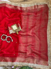 Red hand ghungroo saree with fancy lace border, full spread – Kalyanja KS406
