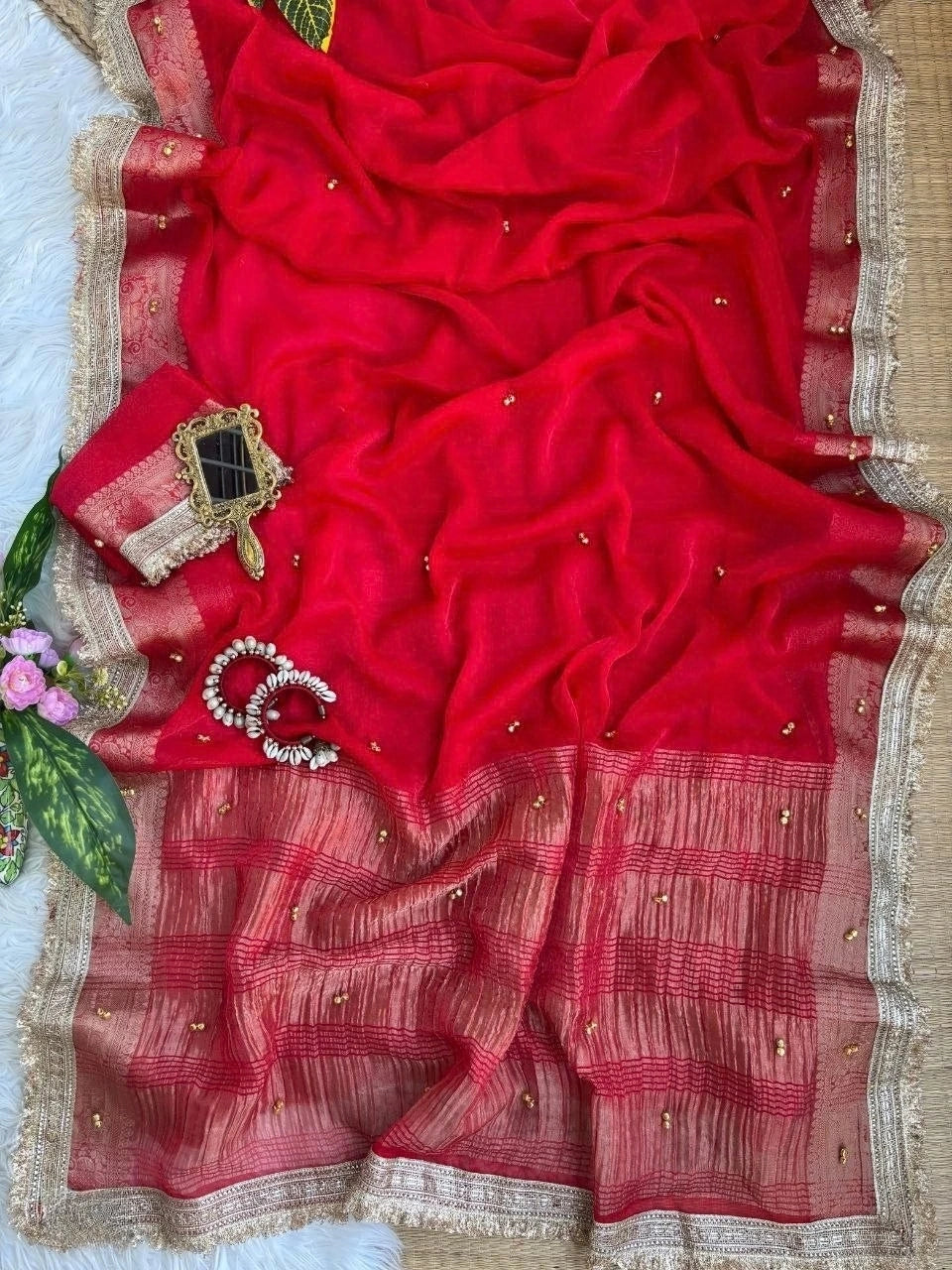 Red fendy chiffon saree with gold ghungroo buttis and crush zari pallu – Kalyanja KS406