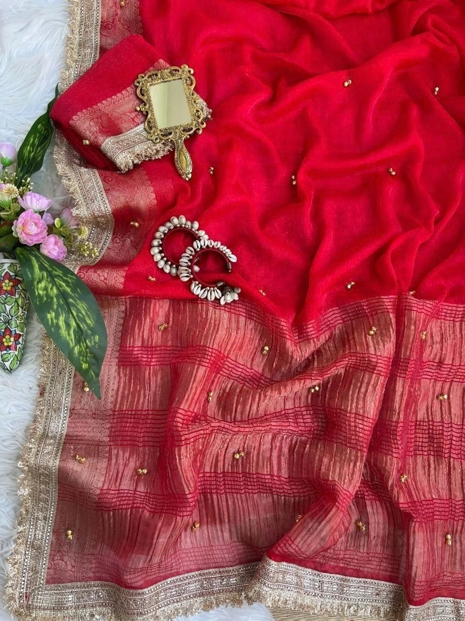 Red hand ghungroo saree pallu and lace border detail – Kalyanja KS406