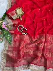 Red hand ghungroo saree pallu and lace border detail – Kalyanja KS406