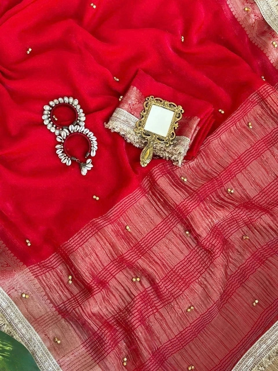Red fendy chiffon saree close-up of ghungroo work and lace – Kalyanja KS406