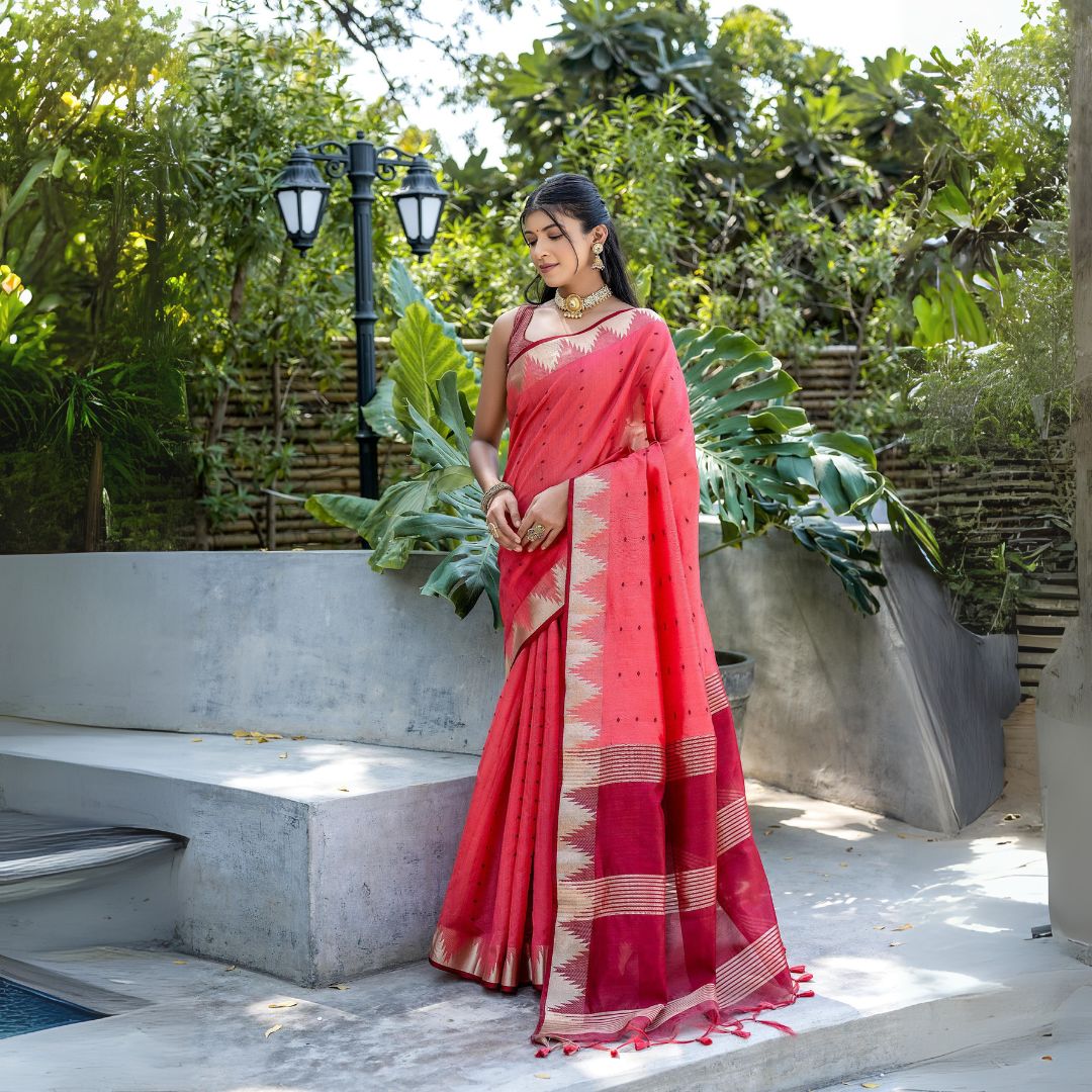 Red Handloom Silk Saree Gold Border