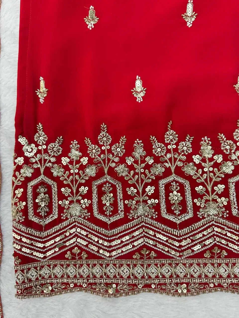 Red Faux Georgette Sequins Suit KU254 kurta bottom border heavy embroidery