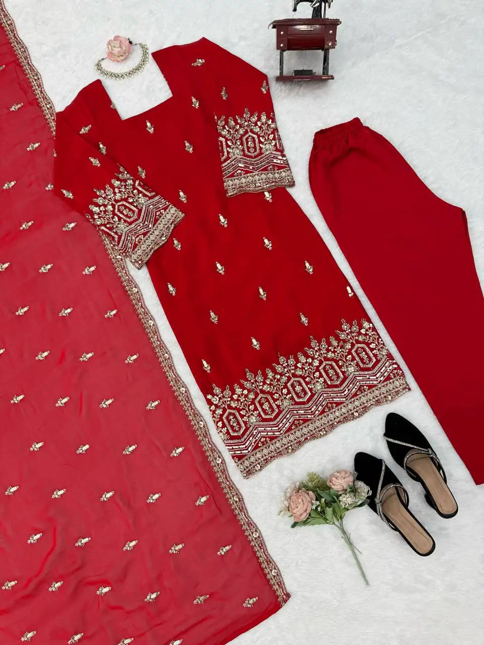 Red Heavy Beads Embroidered Suit Kalyanja KU254 flat lay view with dupatta