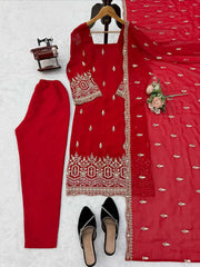 Red Heavy Beads Suit KU254 flat lay on hanger with straight pant