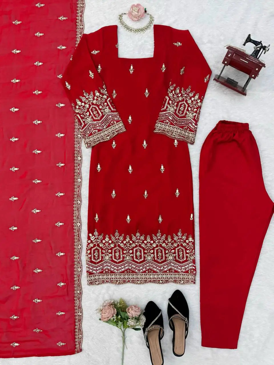 Red Heavy Beads Sequins Embroidered Suit Pant Dupatta KU254 flat lay complete set