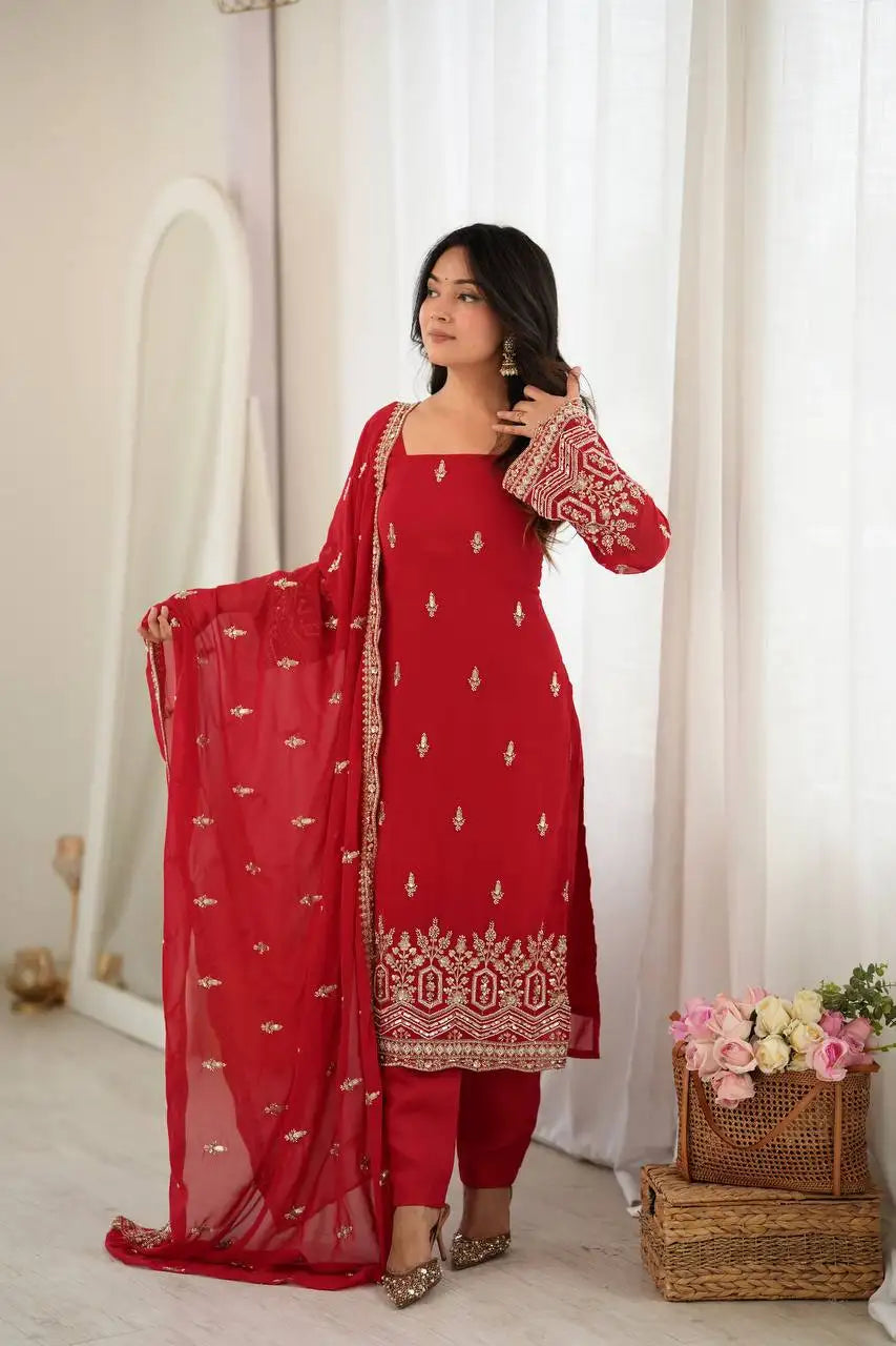 Red Heavy Beads Sequins Embroidered Suit Straight Pant KU254 front view square neck