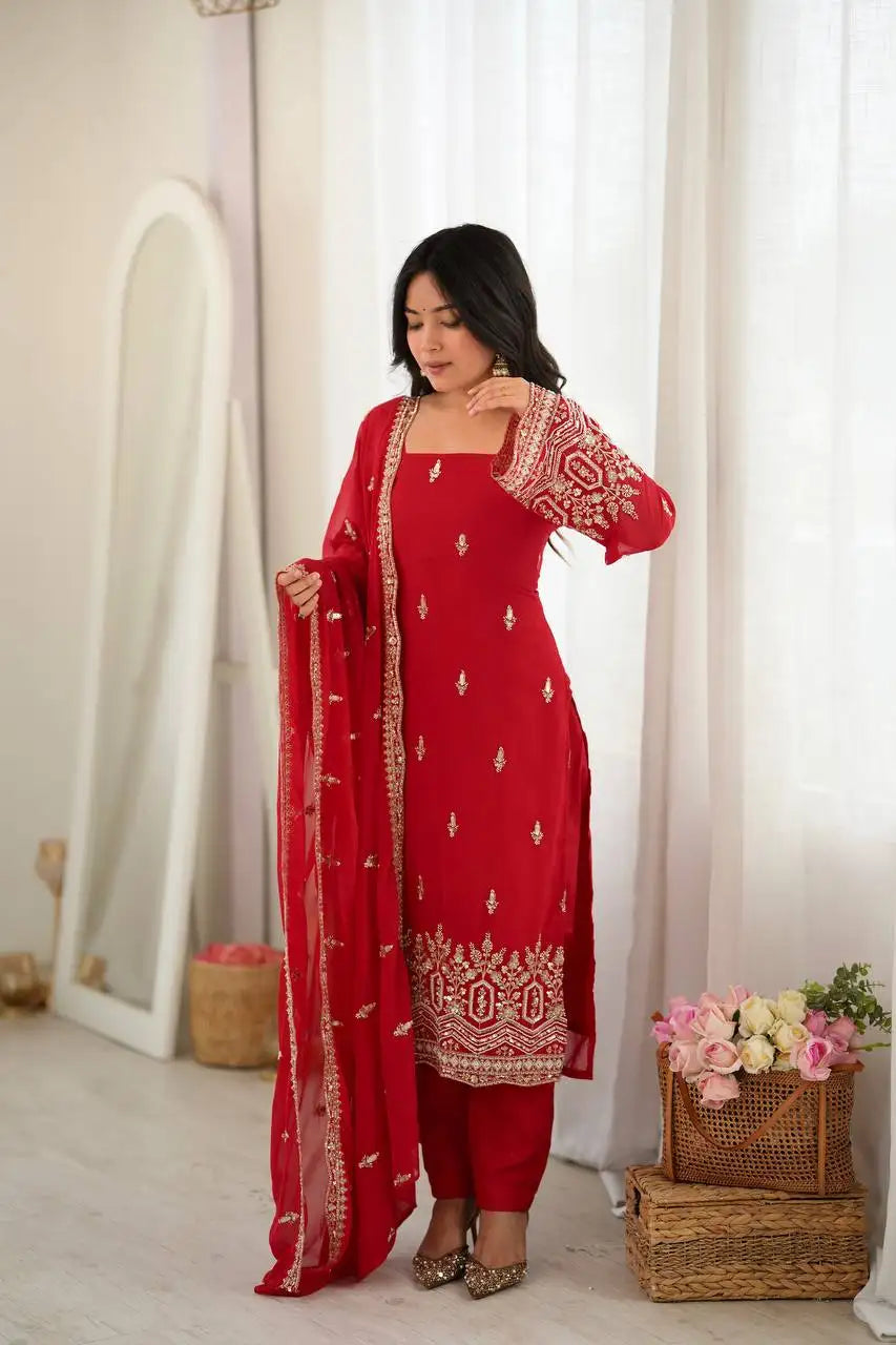 Red Heavy Beads Embroidered Suit Kalyanja KU254 model portrait with dupatta