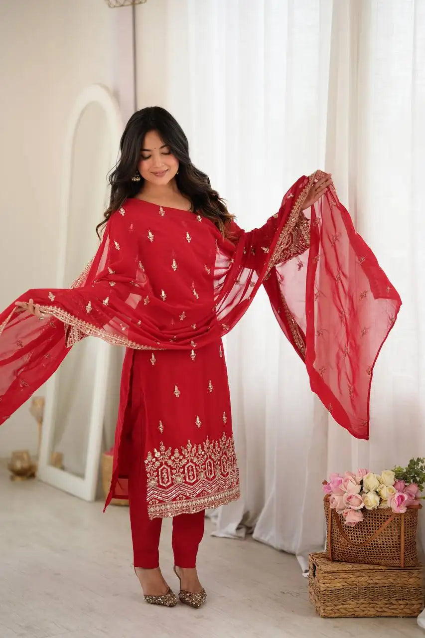 Red Faux Georgette Suit KU254 full length with wide dupatta straight pant