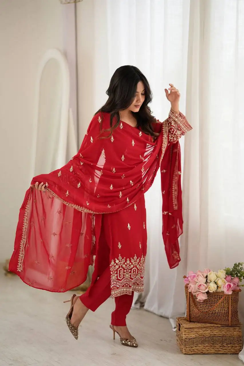 Red Heavy Beads Sequins Suit KU254 dynamic dupatta pose full sleeve