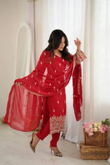 Red Heavy Beads Sequins Suit KU254 dynamic dupatta pose full sleeve