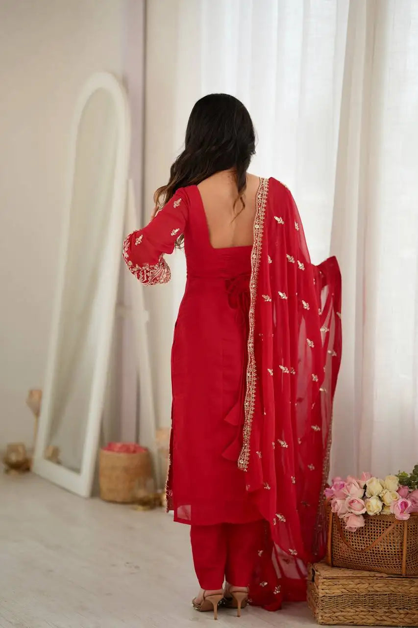 Red Heavy Beads Suit KU254 close-up embroidery detail faux georgette