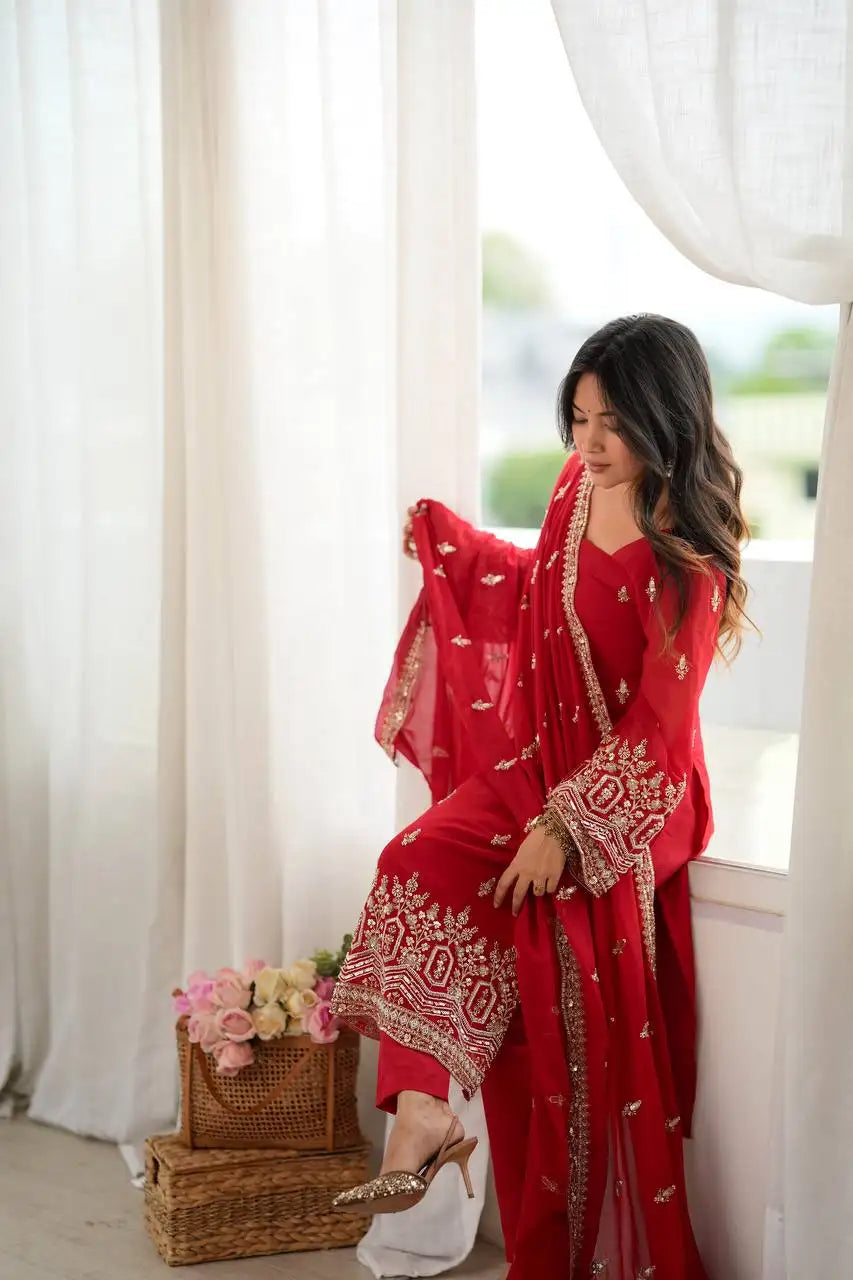Red Heavy Beads Sequins Embroidered Suit KU254 neckline detail shot