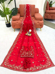 Red Jacquard Weaving Saree with embroidered blouse piece displayed – Kalyanja KS366