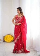 Red Jacquard Weaving Saree full front drape – Fendy Silk Blend Sequins | Kalyanja KS366