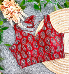 Red Ajrakh Cotton Morpich Print Blouse – Flat Lay View