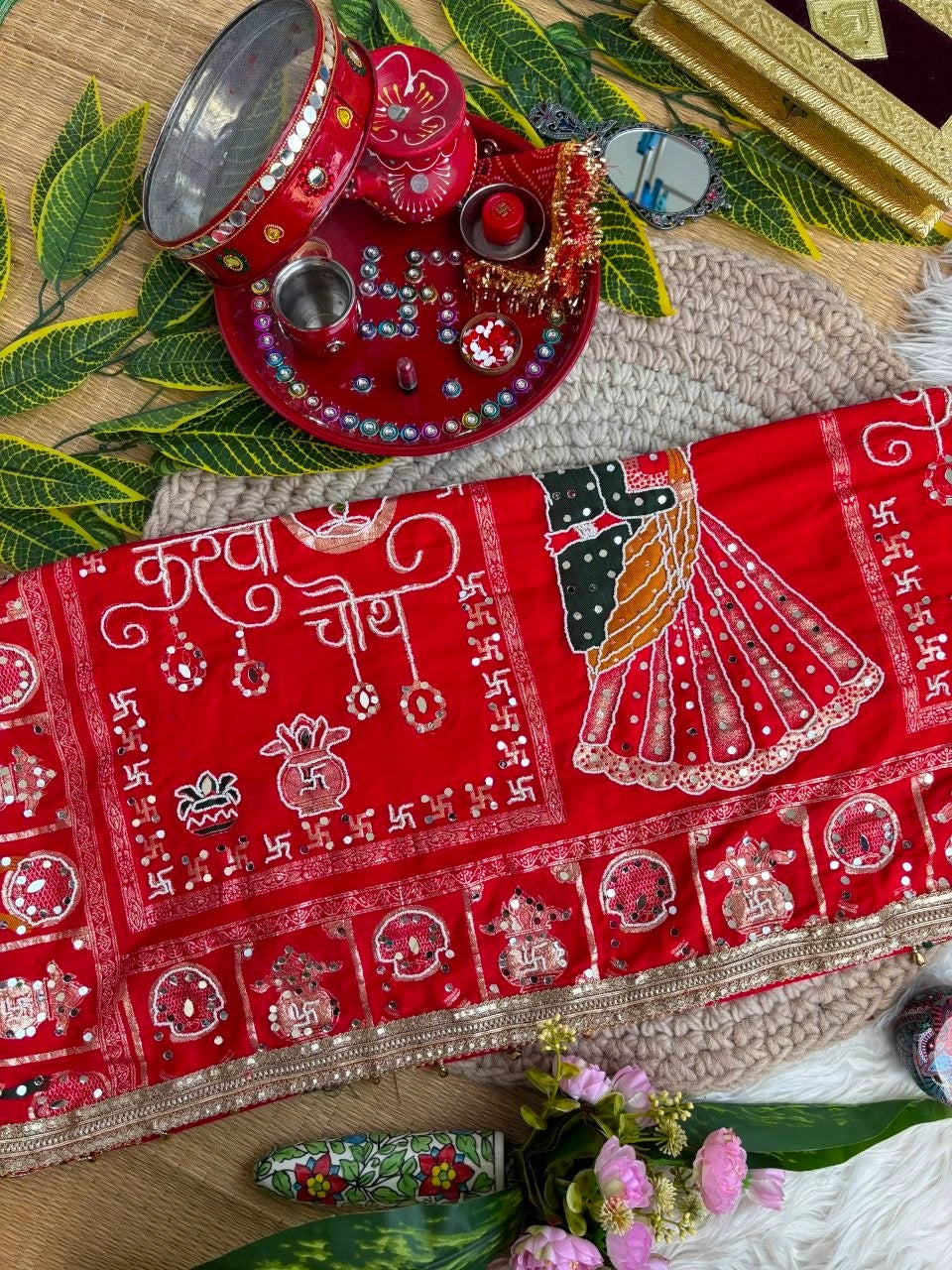 Red Karva Chauth Moti Mirror Work Saree – Kalyanja KS401
