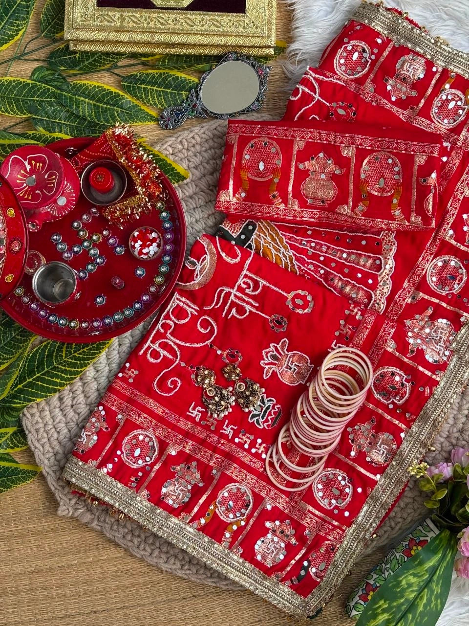 Red Moti Mirror Work Saree – Karva Chauth Motif KS401