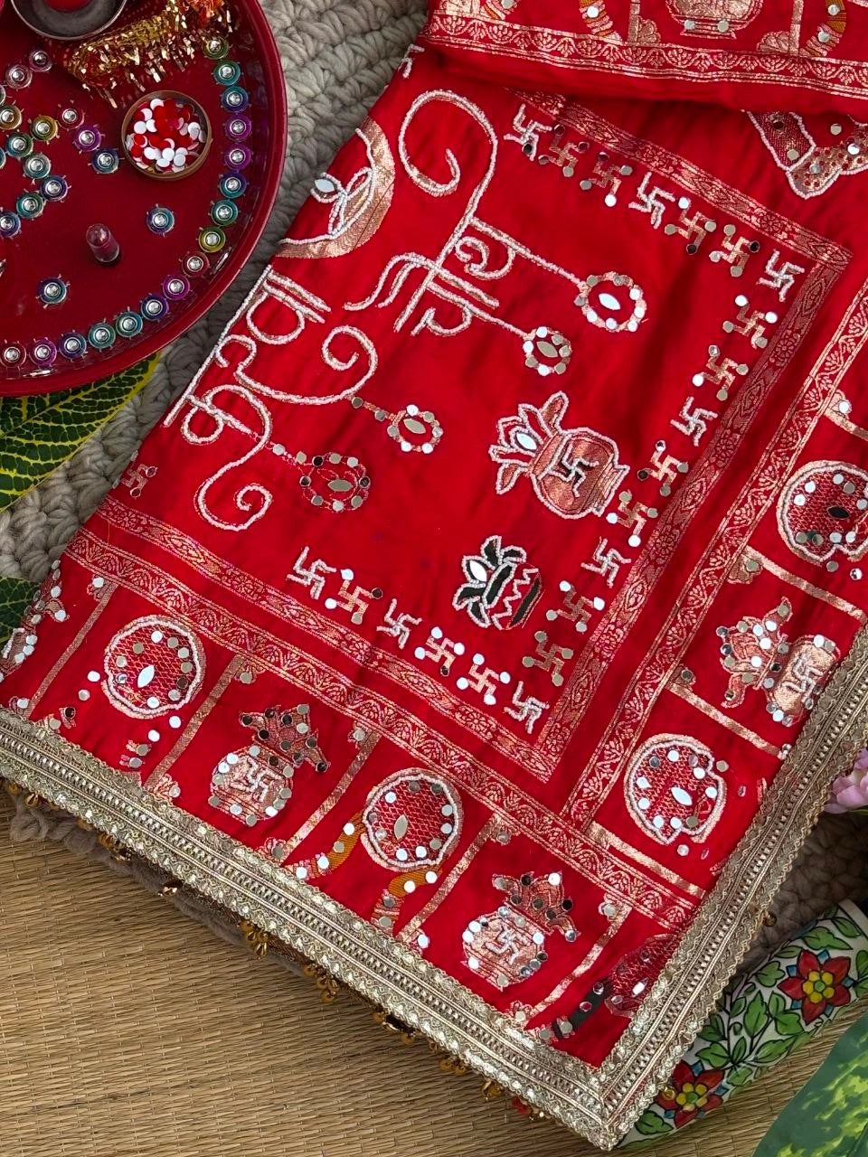 Red Karva Chauth Saree Kalyanja – Moti Embroidered Border KS401