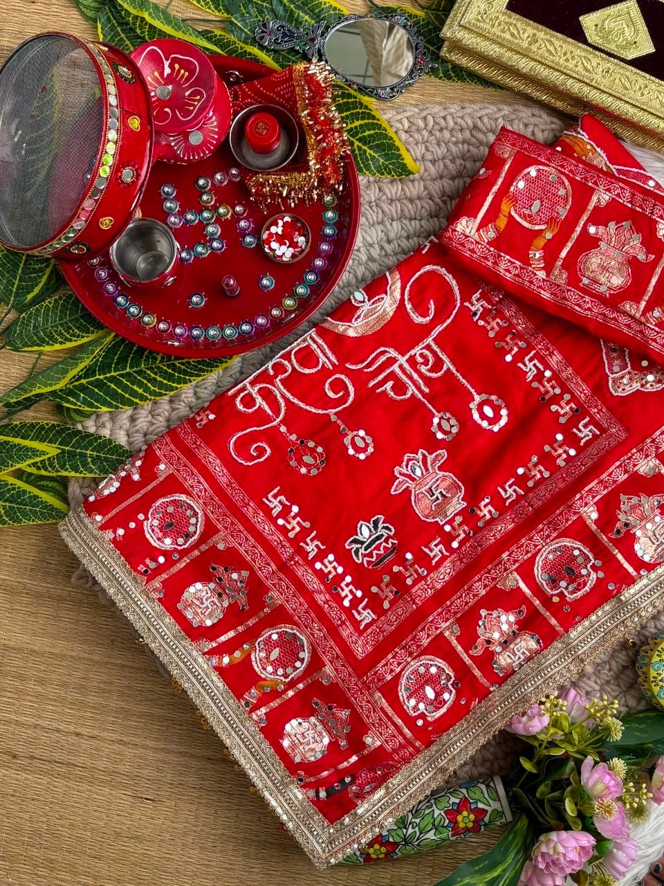 Red Moti Mirror Work Karva Chauth Saree – Kalyanja KS401