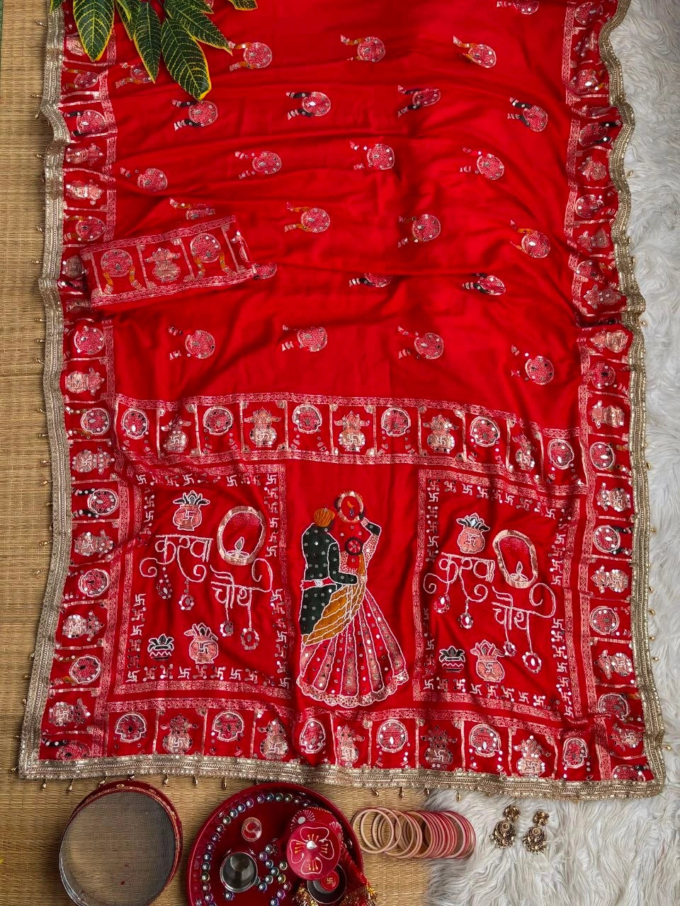 Red Moti with Mirror Work Saree – Karva Chauth Full View Kalyanja KS401