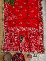 Red Moti with Mirror Work Saree – Karva Chauth Full View Kalyanja KS401