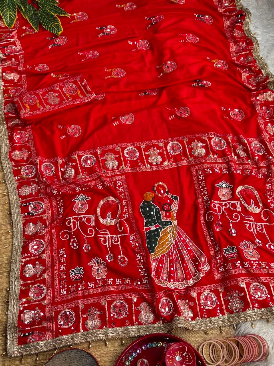 Red Karva Chauth Saree – Moti Mirror Work Flat Lay Kalyanja KS401