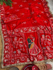 Red Karva Chauth Saree – Moti Mirror Work Flat Lay Kalyanja KS401