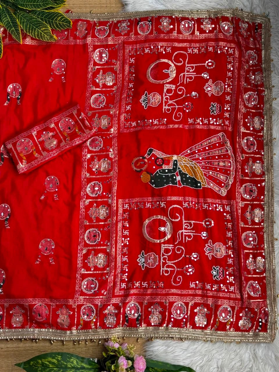Red Moti Mirror Work Saree with Blouse Piece Karva Chauth KS401