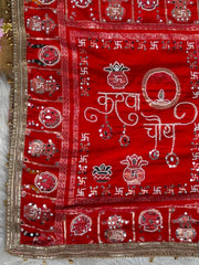Red Karva Chauth Saree – Moti Mirror Embroidery Close View KS401