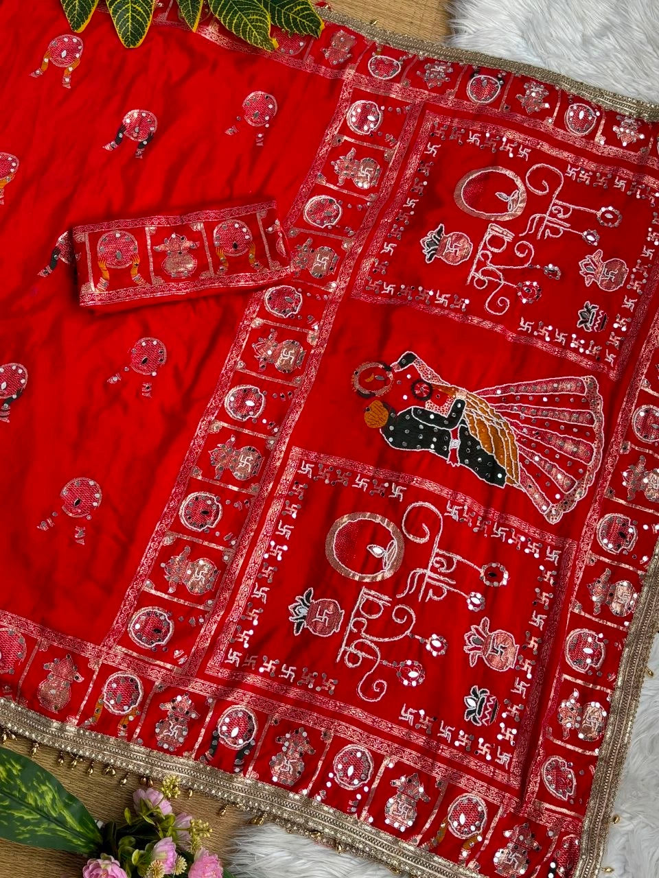 Red Soft Dola Silk Moti Mirror Work Saree Kalyanja KS401