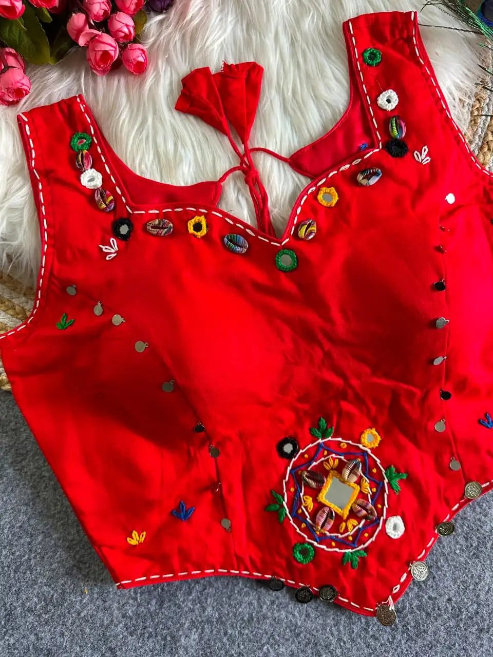 Red Multi Thread Mirror Work Blouse – second angle flat lay showing mirror clusters and coin danglers at hem