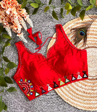 Red Multi Thread Mirror Work Blouse – Cotton Blend, V-Neck, Sleeveless